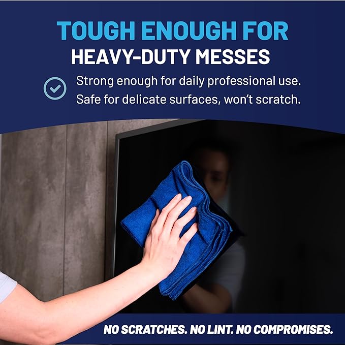 MW PRO Microfiber Cleaning Cloths Dark Blue 12 Pack, 12x12 - Commercial Janitorial Towels & Lint Free Rags - Heavy Duty for Auto Detailing, Glass Windows, Housekeeping & Screens - Washable 300+ Times
