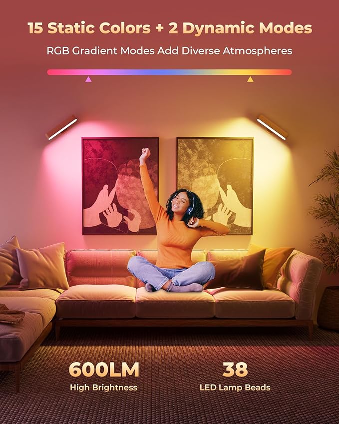 7500 mAh Rechargeable Wood Wall Sconce for Bedroom, LED Wall Light with Remote Control and Touch, 360° Magnetic Rotation, 3 Colours, Dimmable Wooden LED Wall Lamp with 15 RGB Colors,1 Pack