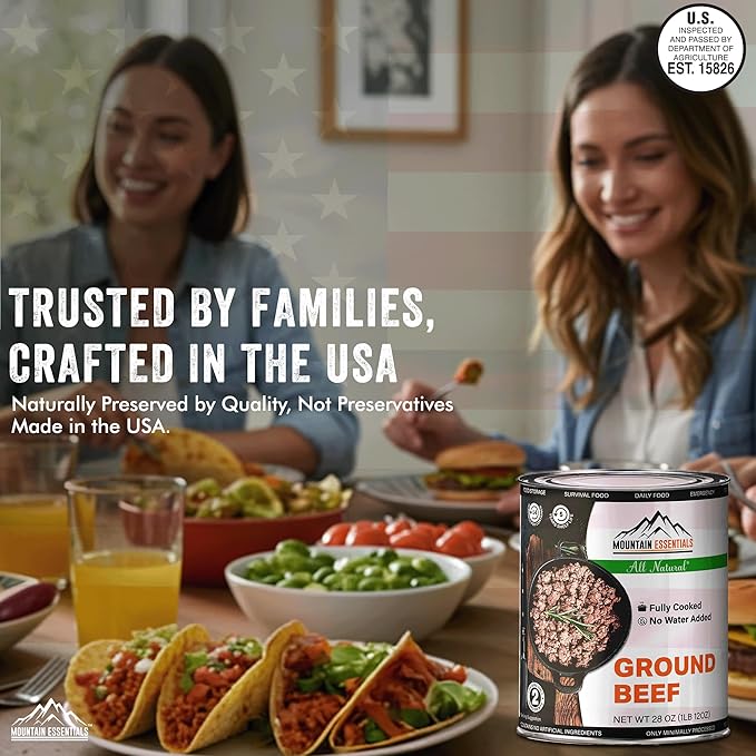 MOUNTAIN ESSENTIALS All Natural Canned Ground Beef 28 Oz Fully Cooked, Ready to Eat Hamburger Meat – Pantry Staple for Everyday Meals, Emergency & Survival – 5-Year Shelf Life – Made in USA – 12 Pack