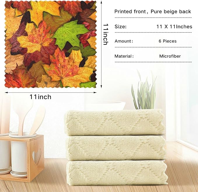 CaTaKu Fall Leaves Kitchen Dish Cloths, Reusable Dish Rags for Washing Dishes, Microfiber Cleaning Cloths Dish Towels Washcloths for Kitchen Drying, 6 Pack