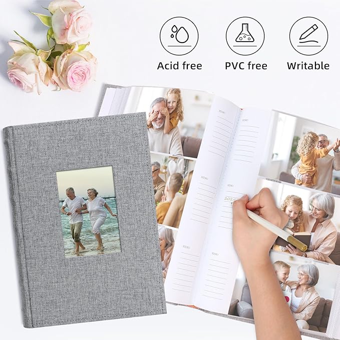 Vienrose Photo Album 4x6 300 Photos Linen Frame Cover with Memo Areas Photobook Large Capacity Slip-in Pictures Book for Wedding Baby Vacation, Grey