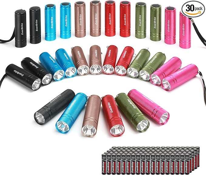 EverBrite 30-Pack Mini Flashlight Set, Aluminum LED Handheld Torches with Lanyard, Assorted Colors, 90xAAA Batteries Included for Emergency, Night Reading, Camping, Power Outage, Bulk Holiday Gifts