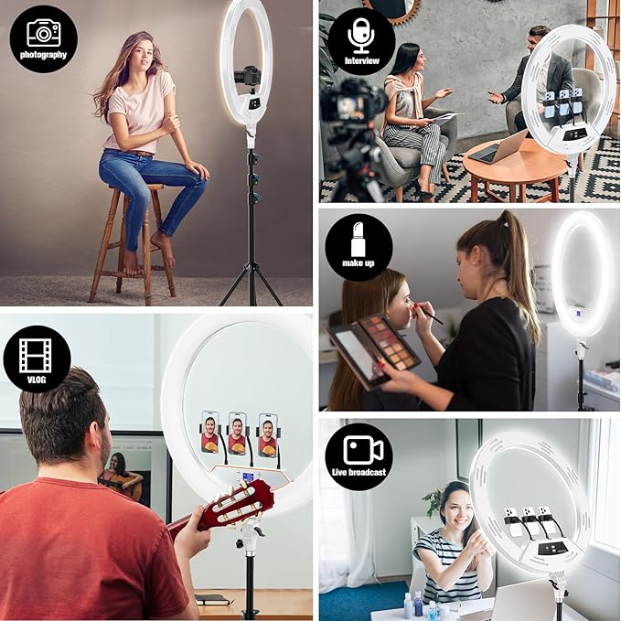 22"Ring Light with Stand,Ring Light Tripod for iPhone ipad,with 75"Tripod/LCD Display/4 ipad iPhone Clips/2 USB Ports,2600K-6500K Color Temperature,for Barber Makeup Tattoo TikTok Video Recording Vlog