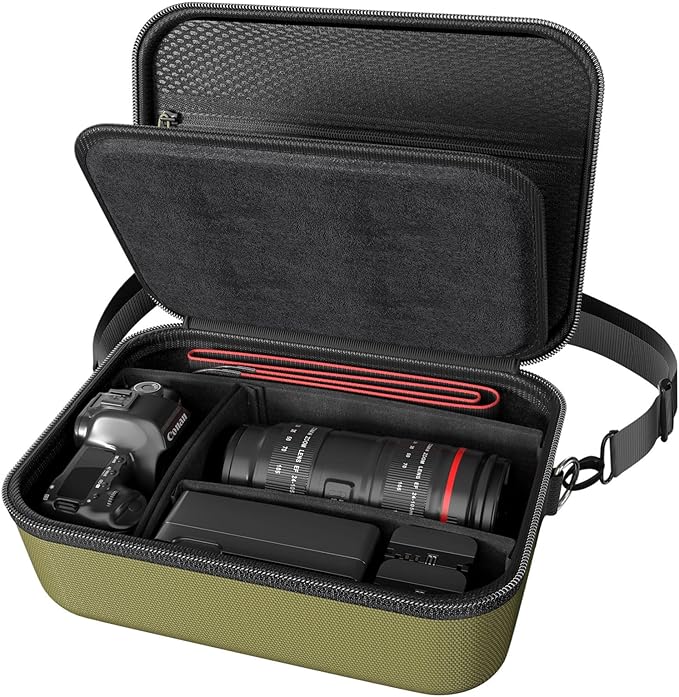 ProCase Hard Shell Camera Case for Canon Rebel T7/EOS R100/R50/DSLR/SLR/Nikon/Sony/Mirrorless Cameras, Soft Padded Digital Camera Travel Bag with 1 Shoulder Strap and 3 Adjustable Dividers -Green