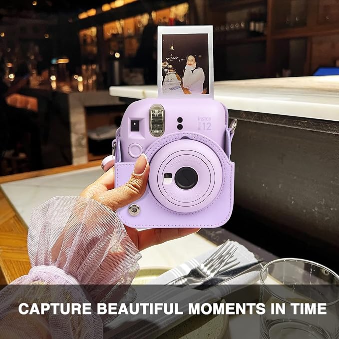 CAIYOULE Camera Case for Fujifilm Instax Mini 12 Instant Film Camera, PU Leather Protective Camera Crossbody Bag for Fuji Mini 12 with Photo Album, Adjustable Shoulder Strap, Lilac Purple-No Camera