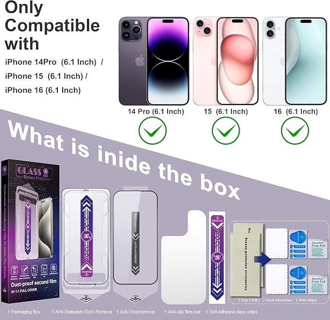 CHRYSHA 2 Pack Screen Protector for iPhone 14 Pro/iPhone 15 / iPhone 16, 9H Tempered Glass, Full Coverage, Anti-Fingerprint, Auto Dust-Elimination, No Bubble, Easy Installation