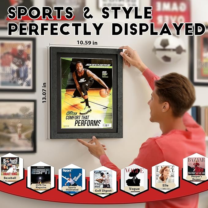 JupDec Sports Magazine Frame 2 Pack, Premium Wood Display Case for 8" x 10.5" Magazines, Wall Mount or Tabletop Stand, Layered Design with Positioning Mat, Perfect for Sports, Fashion & Home Decor