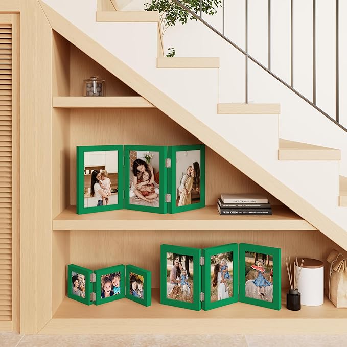 decorUhome Triple 4x4 Picture Frame Vertical, Engineered Wood Trifold Photo Frame with Plexiglass for Tabletop Display, 4x4, Green