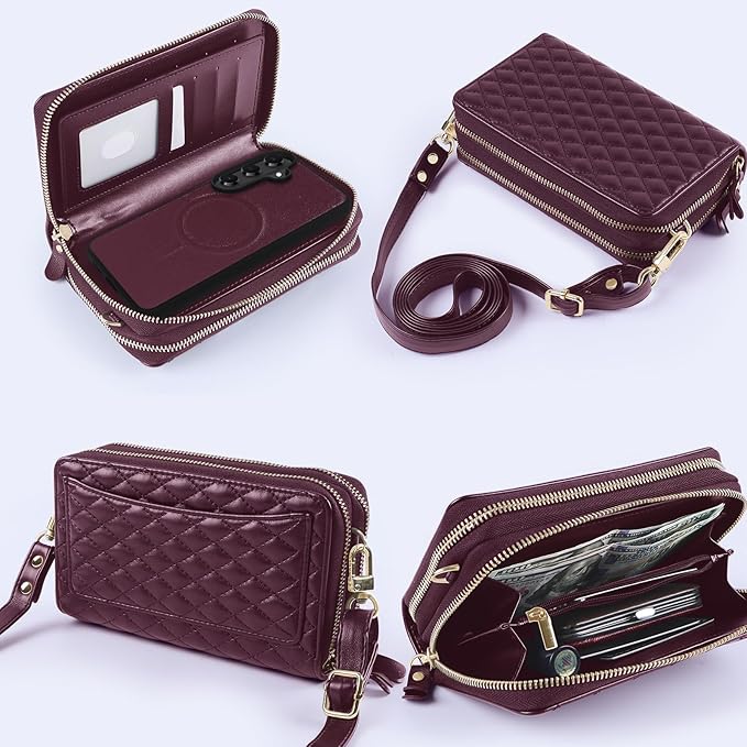 Harryshell Compatible with Samsung Galaxy S26 Case Wallet Multi Zipper Detachable Removable Cover Purse with Card Slots Holder Mirror Crossbody Strap (Compatible with Magsafe-Burgundy)
