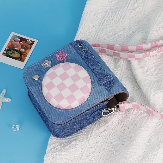 Frankmate Protective Case Compatible with Fujifilm Instax Mini 12/11/40 Camera, Sweetheart Denim Camera Bag with Pocket and Adjustable Shoulder Strap