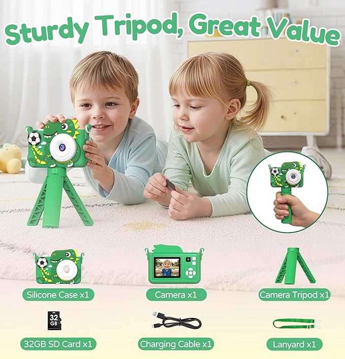 Kids Camera for Boys with Tripod & 32GB Card, 1080P HD Toddler Digital Video Camera, Portable Travel Toys Best Birthday Festival Gifts for Boy 3 4 5 6 7 8 9 10 Year Old