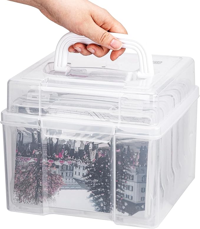 CraftGenes Photo Organizers and Storage 5x7 with Handle, 6 Inner Plastic Photo Storage Box, Dustproof Picture Containers for Index Cards, Stamps, Crafts, Seeds, Sticker Storage