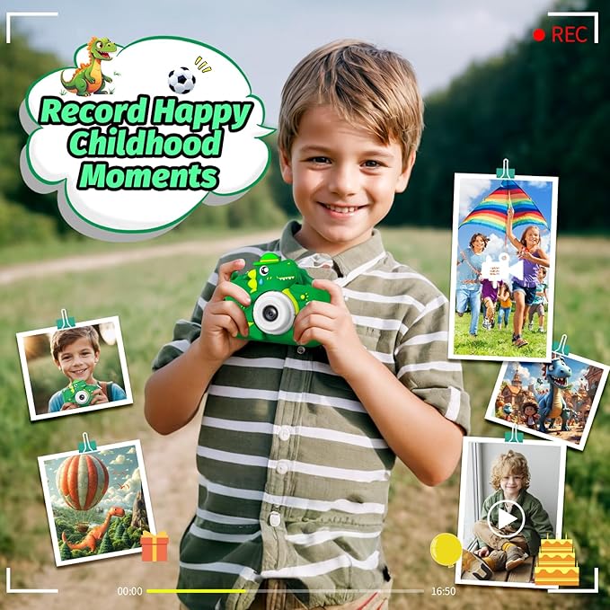 Dinosaur Kids Camera for Boys Girls, Toddler Digital Selfie Camera with Cute Protective Cover and 32G SD Card, Christmas Birthday Gifts Toys for 3 4 5 6 7 8 9 10 11 12 Years Old Little Girls and Boys