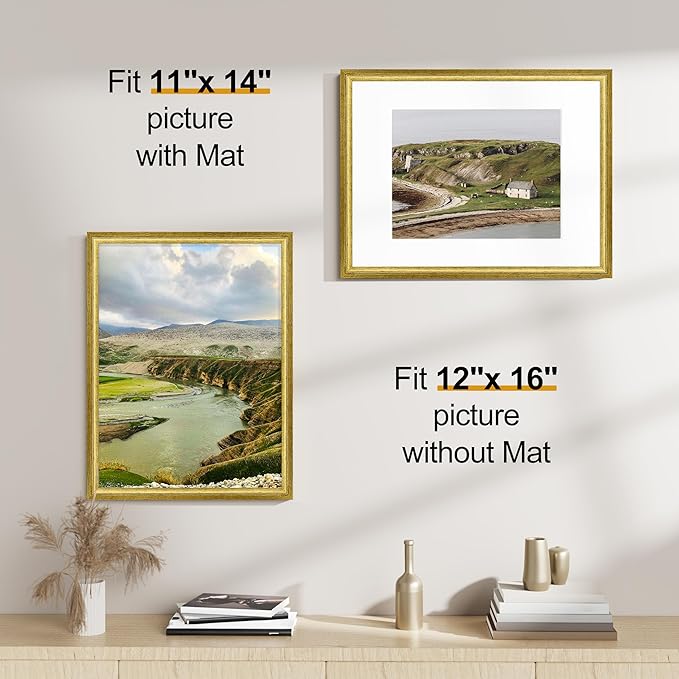 Vittanly 12x16 Picture Frames Set of 2, Ornate Vintage Photo Frame for Wall Mount, Display 8.5x11 Pictures with Mat or 12x16 without Mat, Rustic Gold