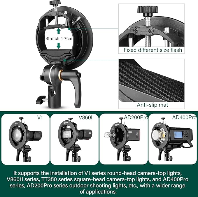 GODOX S2 Speedlite Bracket Bowens Mount Holder + Cold Shoe Flash Mount for Godox V1 Series, AD200Pro, AD200, AD400Pro, V860II Series, TT350 TT685 TT600 Series Flash
