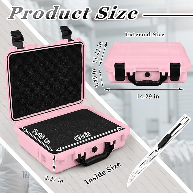 Relaxweex 1 Pcs 14.3 x 11.4 x 4.5 Inch Waterproof Hard Case with DIY Customizable Foam Insert Portable Protective Case with Knife for Camera Drones Equipments Tools Test Instruments (Pink)