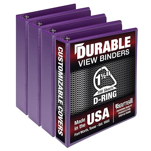 Samsill Durable 1.5 inch 3 Ring Binder, Made in USA, D Ring Binder, FSC 100% Recycled Chipboard, Purple, 4 Pack