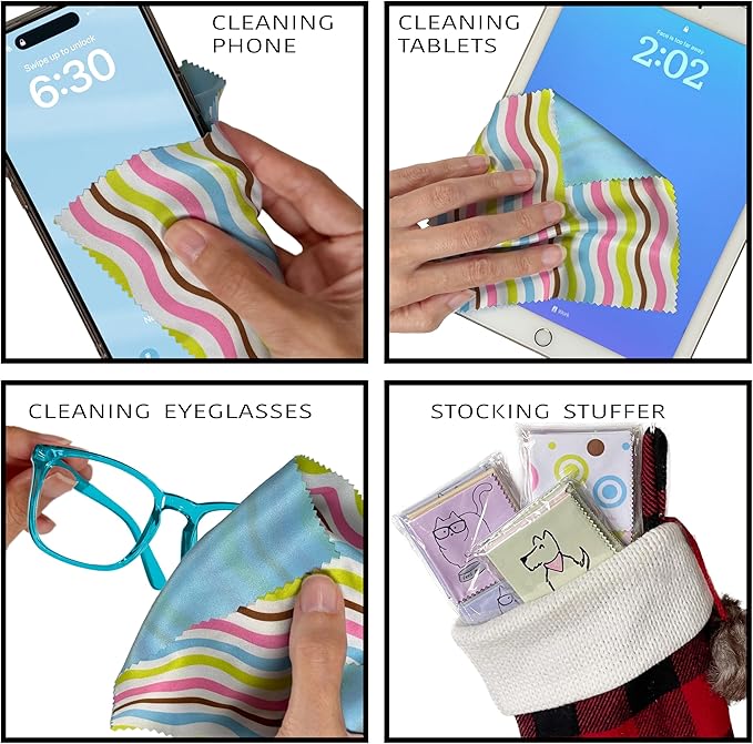 10 Pack Cute Geo-Design Multicolor Microfiber Cleaning Cloths for Cleaning Lenses, Eyeglasses, Sunglasses and Cell Phone, Beautifully Designed in Pastel Colors Blue, Pink, Green and White Cloth Wipes.