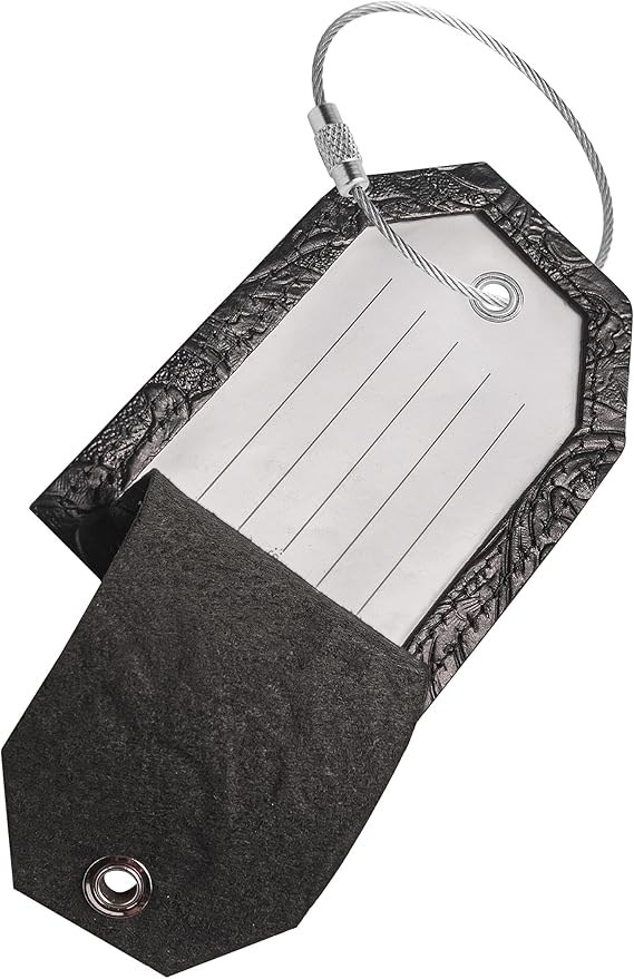 Genuine Leather Set of 2 Luggage Tag with Full Back Privacy Name ID Card Stainless Steel Loop Suitcase Labels Identifiers Baggage Tags Luggage for Women Men Travel (Black Flower)