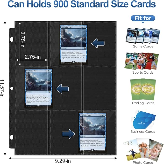 50 Pack 9 Pocket Page Protector,900 Pockets Black Trading Card Sleeves Pages Baseball for 3 Ring Binder, Sheets Standard Size Cards, Sport Game Business Cards