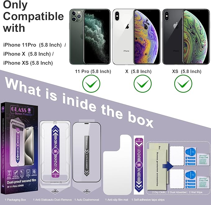 CHRYSHA 2 Pack Screen Protector for iPhone X/iPhone XS/iPhone 11 Pro, 9H Tempered Glass, Full Coverage, Anti-Fingerprint, Auto Dust-Elimination, No Bubble, Easy Installation