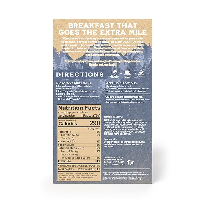 Kodiak Cakes Peak Instant Oatmeal Packets, Berries & Cream, High Protein,100% Whole Grains, 6 box with 4 packets each (Total of 24 packets)