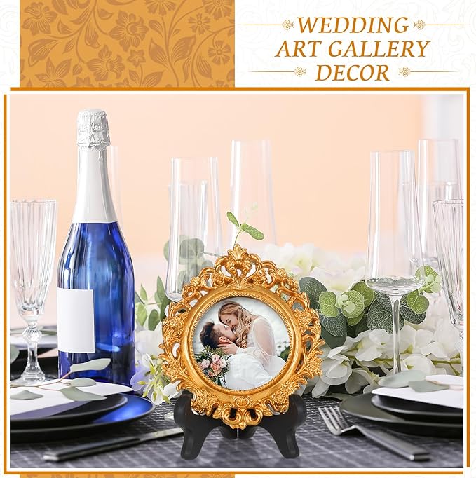 Tatuo 40 Sets Mini Picture Frames and Display Stands Vintage Resin Picture Frame Resin Holder for Home Office Bedroom Living Room Wedding Decor (Gold)