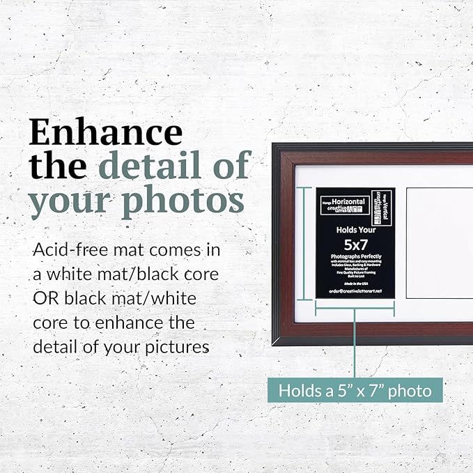 Creative Letter Art 4 Opening Glass Face Mahogany Picture Frame to hold 5 by 7 inch Photographs including 10x24-inch White Mat Collage