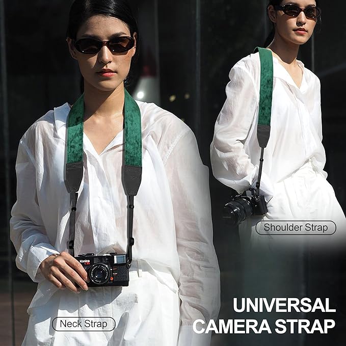 Padwa Lifestyle Green Velvet Camera Strap - 2" Double Layer Full Grain Cowhide Leather Head Camera Straps for Photographers,Unique Soft Velvet Fabric with Quick Release fits all Cameras