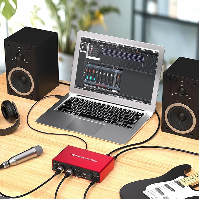 USB Audio Interface, 24Bit/192kHz Studio Recording, 48V Phantom Power, Zero-Latency Monitoring – Compatible with Mac/PC, DAWs, Ideal for Music Production, Podcasting & Voice Over