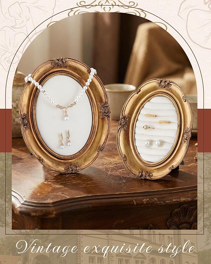 2 Pcs Gold Jewelry Display Stand Vintage Necklace Organizer Ring Holder Earring Tray Resin Jewelry Photography Props Frame with Velvet Backing for Gifts(White,Large,Small,Classical)