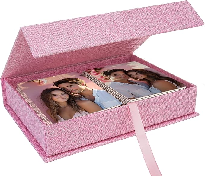 Hiwhy Photo Storage Box 8x10, Linen Photo Box, Memory Box Perfect to Store Your Photo, Pictures, Certificates, Scrapbooking Supplies, Keepsakes and Jewelry Pink