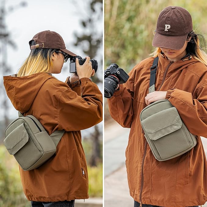 TULLIO Small Camera Bag Crossbody Nylon Sling Bag Purse Waterproof Dslr Bag Compatible with Nikon Sony for Men and Women Ash green