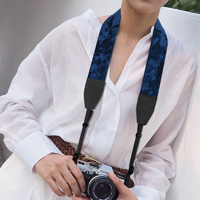Padwa Lifestyle Dark Navy Blue Velvet Camera Strap - 2" Double Layer Full Grain Cowhide Leather Head Camera Straps for Photographers,Unique Soft Velvet Fabric with Quick Release fits all Cameras