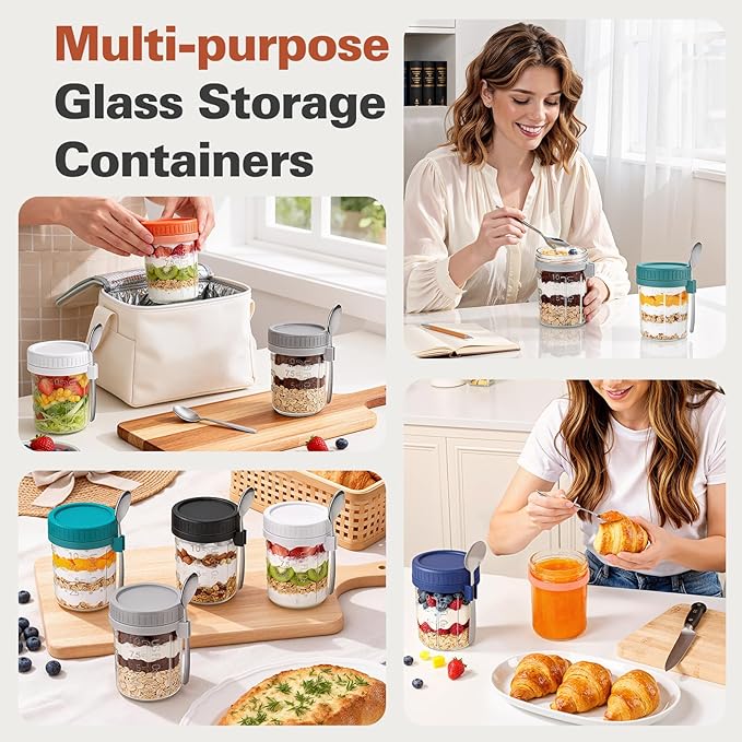 Cozyverge 6 Pack Overnight Oats Containers with Lids and Spoons, 16 oz Airtight Oatmeal Container with Measurement Marks, Overnight Oats Jars for Cereal Fruit Vegetable Milk Salad Yogurt Meal Prep