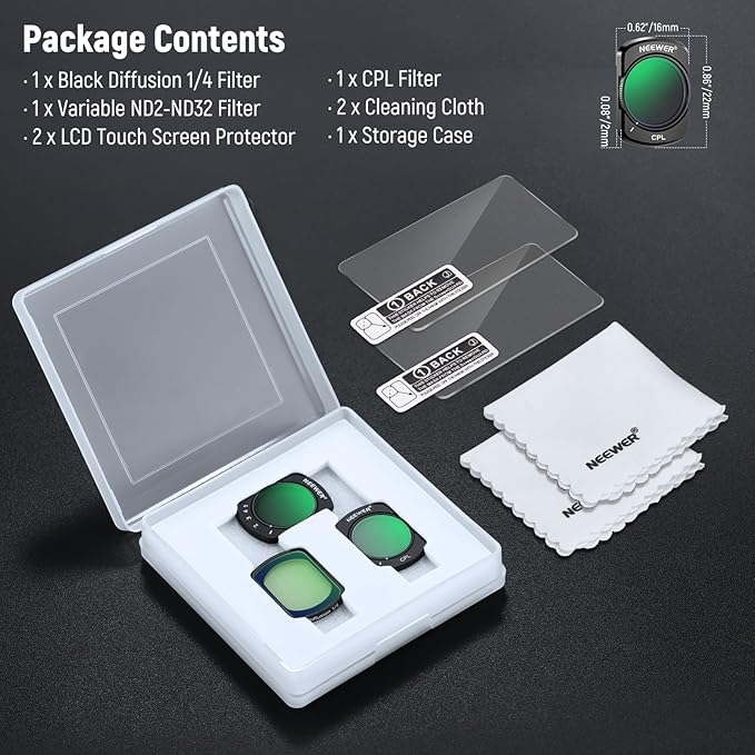 NEEWER Variable ND + CPL + Black Diffusion 1/4 Filter Compatible with DJI Osmo Pocket 3 Creator Combo Accessories, ND2-32, Multicoated HD Filter with 2X Screen Protector & 2X Cleaning Cloth
