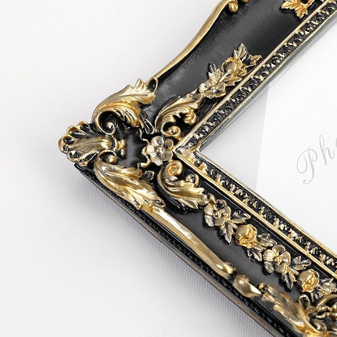 Cuspin 5x7 Picture Frame Black and Gold Frames, Vintage Baroque Handcrafted Resin Frames with Glass Front, Ornate Textured Design Decorative Picture Frame for Tabletop & Wall Display