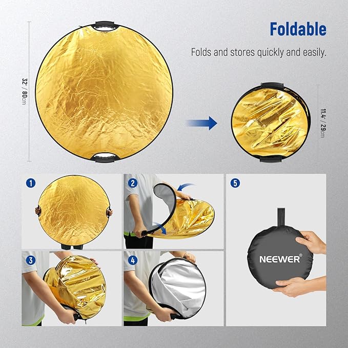 NEEWER 32"/80cm Light Reflector, 5 in 1 Foldable Multi Disc Photography Light Diffuser Translucent/Silver/Gold/White/Black with Clamp/Grips, 3/8" Thread/Cleaning Cloth for Outdoor Lighting, RF-80II