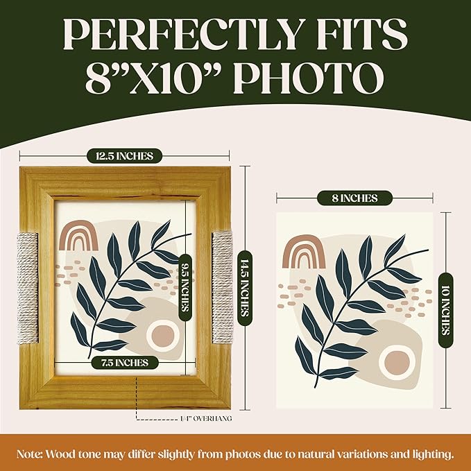 Rattan and Wood Picture Frame for 8x10 Inch Photo or Artwork - Boho, Coastal, or Beach Photo Frame, Wooden Decorative Frames for Natural Modern Tabletop Stand and Wall Mount - Golden Brown