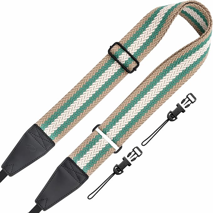 Padwa Lifestyle Adjustable Camera Strap - 2" Top Layer Cowhide Head Camera Straps for Photographers,Soft Cotton Rope Crossbody Strap with Quick Release fits All Cameras - Green White Stripe