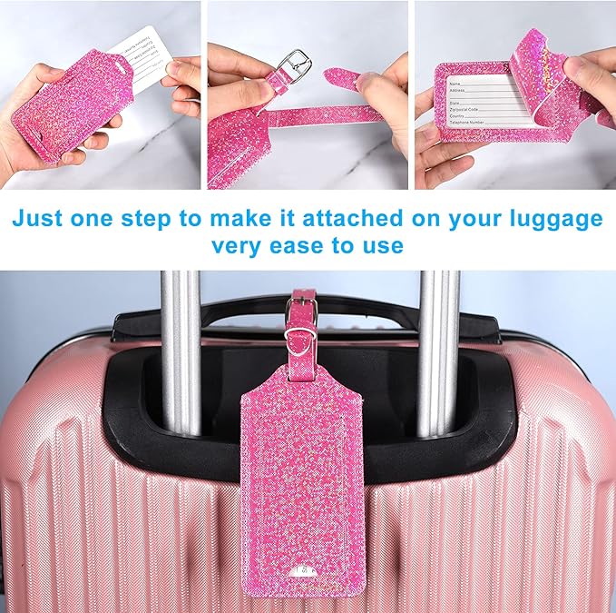 ACdream Luggage Tags 2 Pack, Leather Suitcase Tags Identifiers, Cute Cruise ID Labels with Privacy Cover fits on Backpack, Travel Bag, for Women, Men, Adults, Kids, Hot Pink Glitter