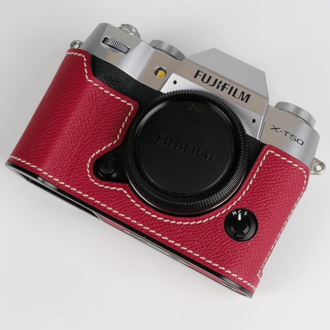 Handmade Genuine Leather Camera Half Case for Fujifilm X-T50/Fujifilm X-T50 Camera Case/Fujifilm X-T50 Case - Top Layer Cowhide Body + Metal Base Plate (China Red)