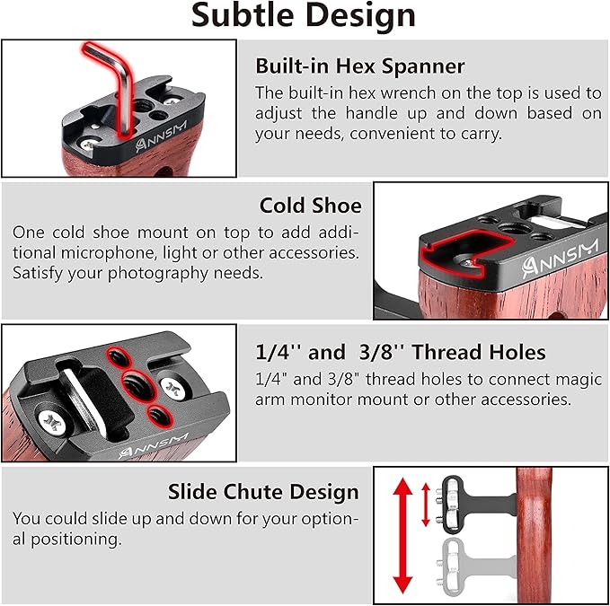 Side Wooden Handle Grip for DSLR Camera Cage, Cold Shoe Mount, Built-in Wrench, Threaded Holes, Left Right Compatible iPhone/Smartphone/Video Rig Videography/Camera Cage