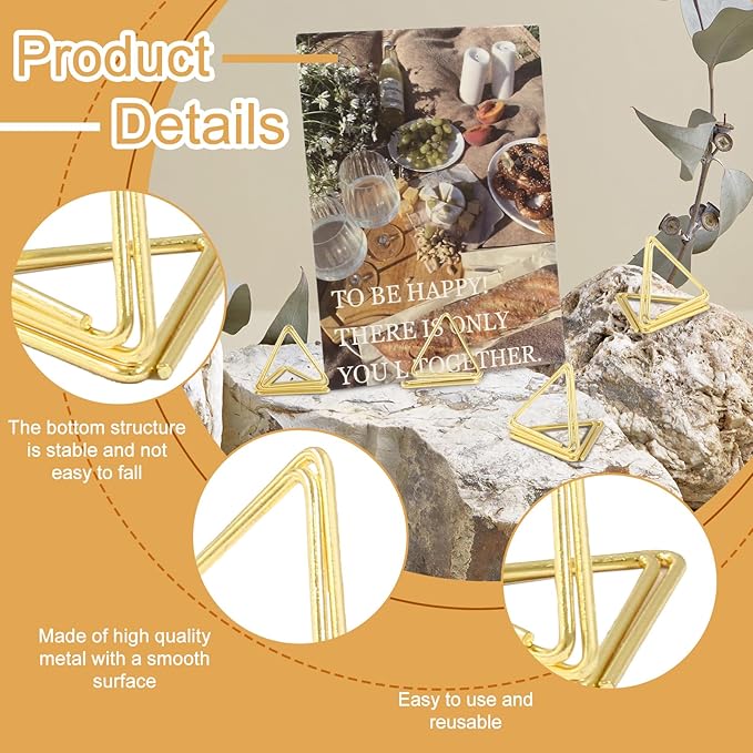 Bonsicoky 100 Pack Gold Place Card Holder - Triangle Shape Table Place Cards Holder - Mini Table Card Photo Picture Holders for Wedding Party Birthday Office