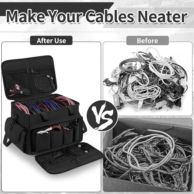DJ Cable File Bag with 6 Detachable Dividers High Capacity Gig Cable Bag for Cords,DJ Gear,Sound Instrument and Accessories, Black