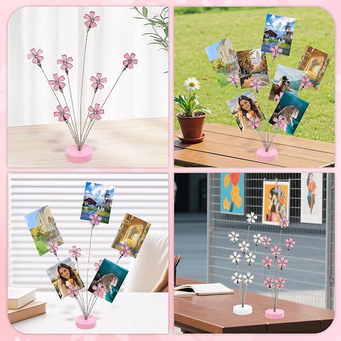 8 Branch Photo Tree Clip, Flexible Photo Frame Stand with Clips for Note Paper Wedding Photo Display Office Decoration (Pink)