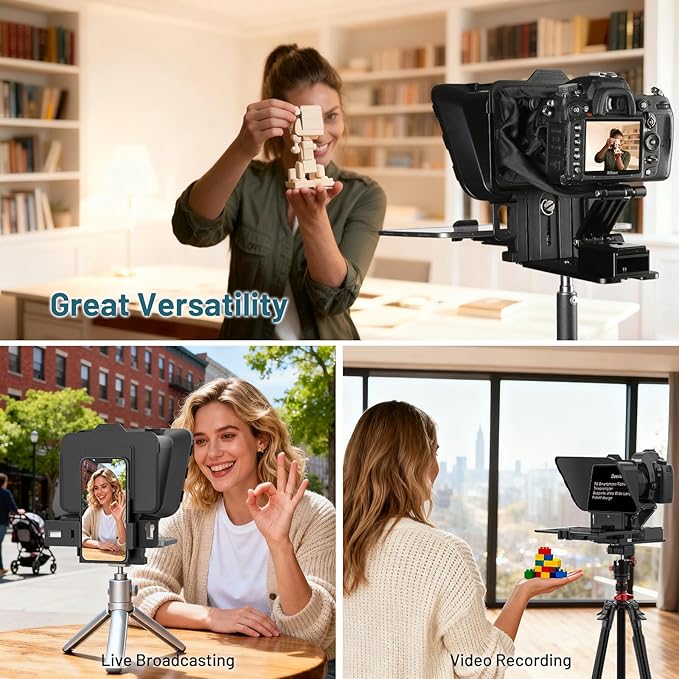 Desview P8 Universal Teleprompter for Smartphone Camera, DSLR Webcam Tablet up to 10" with Bluetooth Remote Foldable Design for Live Streaming Video Recording YouTube TikTok Videos