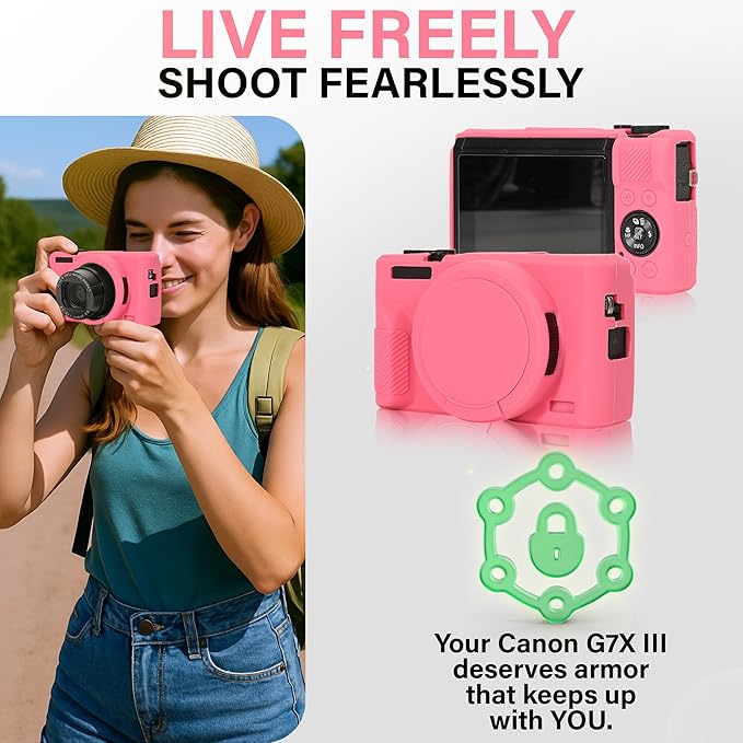 STSEETOP Camera Case for Canon PowerShot G7X Mark III - Protective Silicone DSLR Skin with Lens Cover, Detachable Cage, Shockproof, Dustproof (Azalea Red)