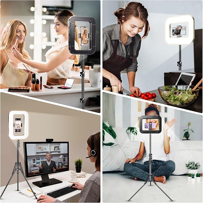 Rechargeable Ring Light with Stand for Video Recording, Dimmable Lighting Tripod for iPhone, Square Light with Phone Holder for Content Creators, Selfie, Makeup, Live Streaming, TikTok