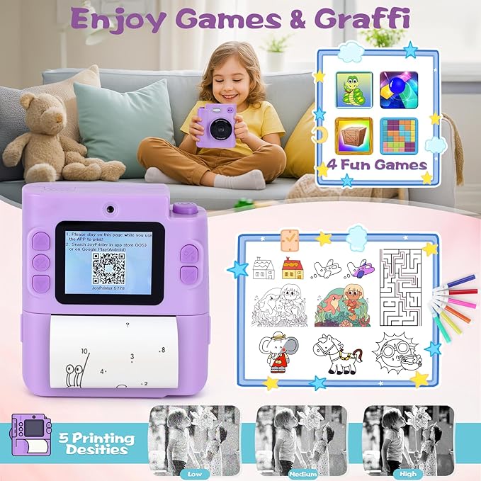 Kids Camera Instant Print, 1080P HD Dual-Lens Selfie Digital Camera with 5 Printing Paper Rolls & 32G TF Card, for Children, Portable Toddler Toy for Age 3-12 Boys & Girls (Purple)